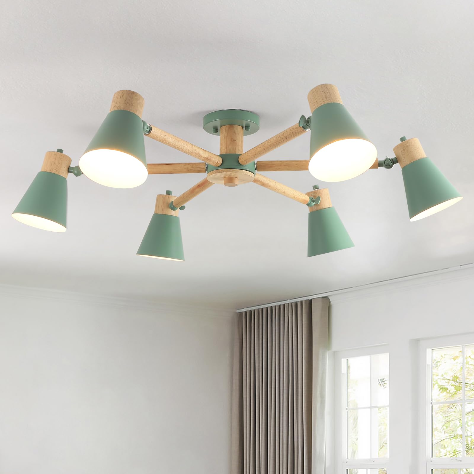 Schindora Verde Lamparas De Techo Salon,6 Luces Madera Y Hierro Lampara Techo Dormitorio LáMpara De Brazos Ajustables E27 Ø82Cm Moderno Lampara De Techo Para Cocina Hogar Habitacion Comedor Colgante
