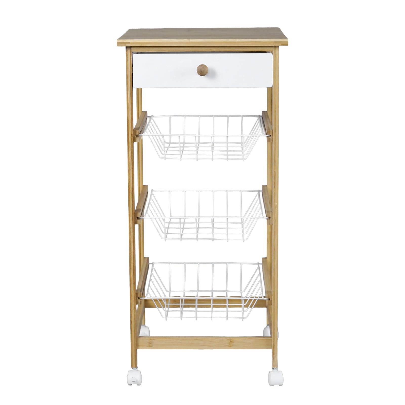 Carrello da cucina ausiliario in legno e bambù 35 x 36 x 74,5 cm con ruote, 1 cassetto in legno + 3 cestini estraibili - colore naturale e bianco