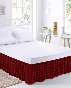 Red Black Plaid Bed Skirt King Size 16 Inch Drop, Adjustable & Elastic Wrap Around Bed Skirts Pleated Luxury Dust Ruffles for Twin Full Queen Cal King Base Bed, Christmas Farmhouse Rustic Checkered