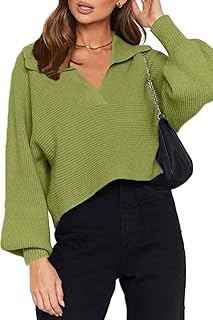Sponsored Ad - CHYRII Women Overized Puff Long Sleeve V Neck Knitted Polo Pullover Sweater Jumper Tops