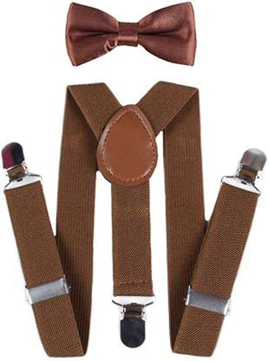 RR Design Kids Suspender Bowtie Necktie Sets - Adjustable Elastic Classic Accessory Sets for 6 Months to 4 Years(Maroon) (Brown) 1