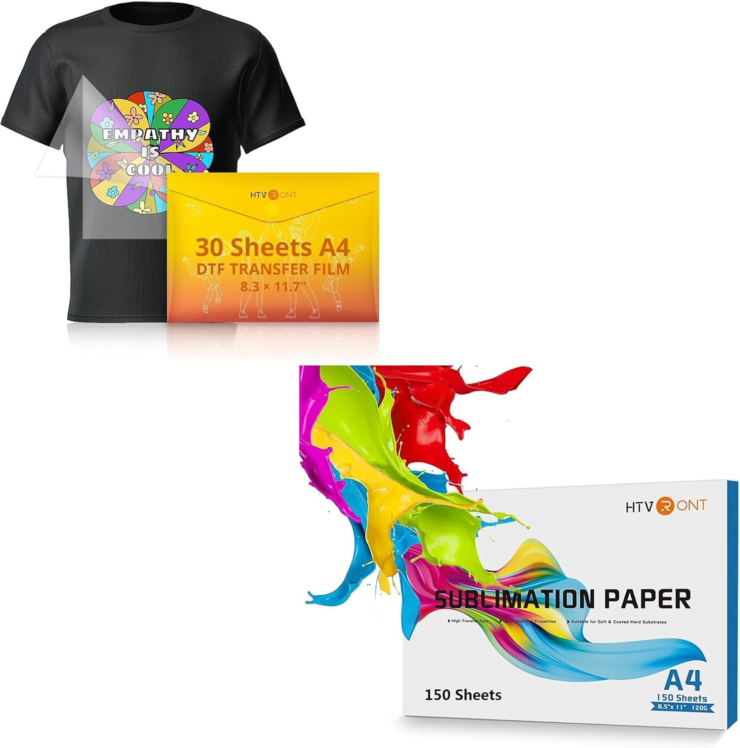 HTVRONT DTF Transfer Film 30 Sheets of A4 (8.3×11.7")+ Sublimation Paper 8.5 x 11 inches 150 Sheets， Easy to Use, Vivid Colors, Easy to Indentify