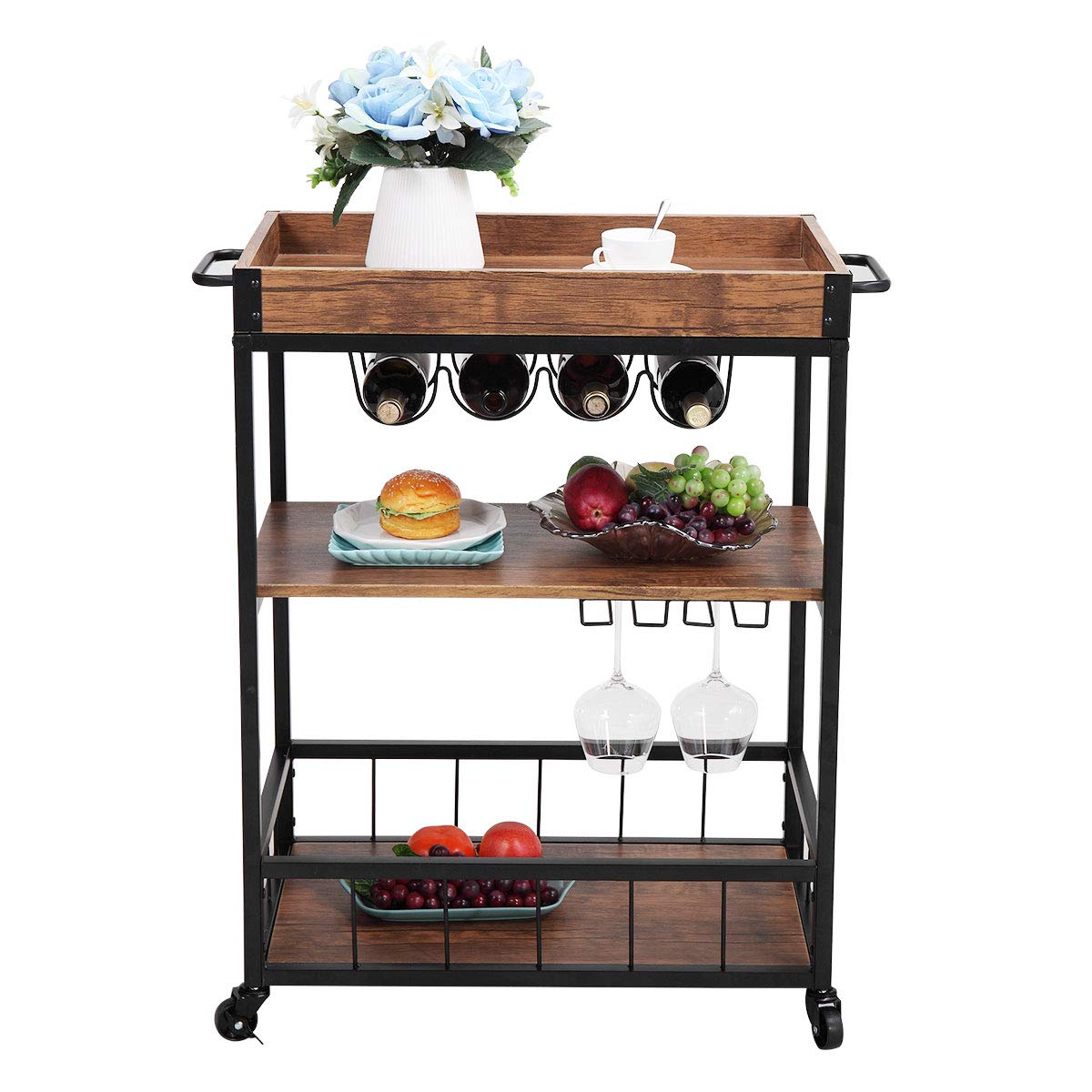 Bar Cart, Kitchen Serving Cart on Wheels with 3Tier Storage Shelves