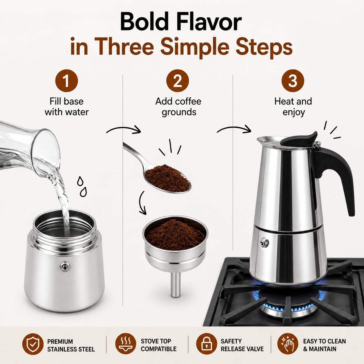 American Dream 6-Cup Stainless Steel Espresso Coffee Maker | Stovetop Moka Pot Brewer | Durable Stainless Steel Body for Rich Italian-Style Coffee