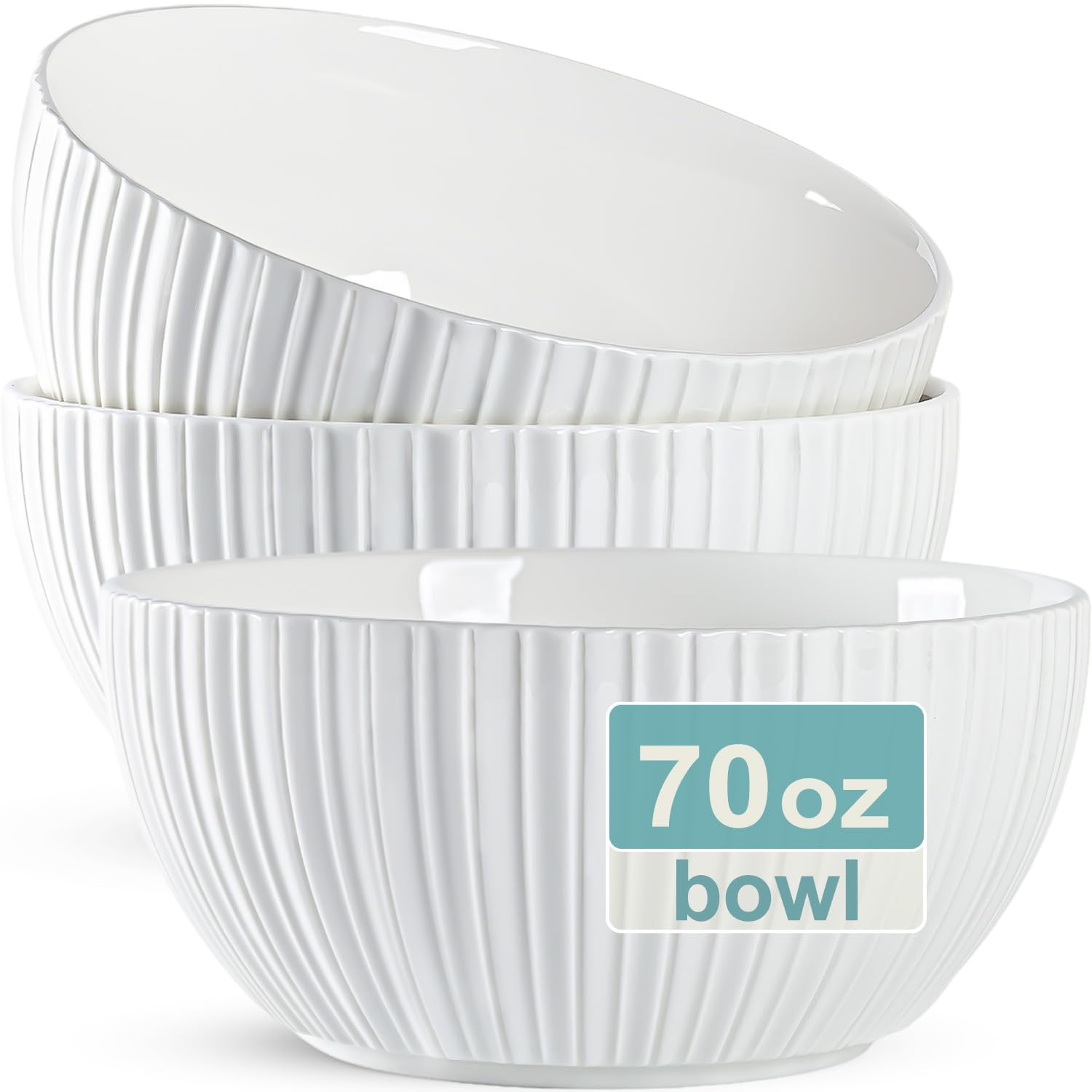 Juego de 3 cuencos grandes de sopa de 70 onzas, cuencos grandes de cerámica acanalada blanca rota de 8 pulgadas, perfectos para sopa, pho, ramen y ensalada