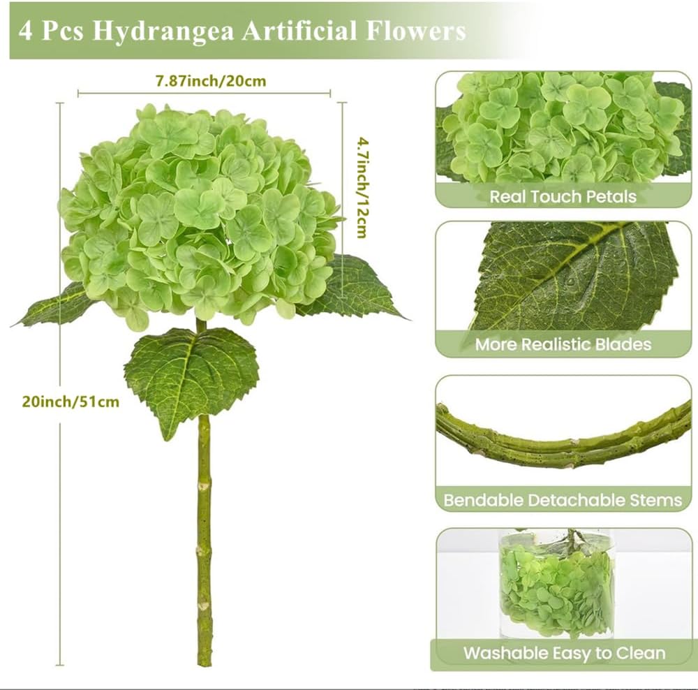 NatureMan 4Pcs Hydrangea Artificial Flowers, 20'' Latex Real Touch Hydrangeas Large Hydrangea Flowers for Home Decor Party Arrangements Wedding Bouquets Centerpieces (2Dark Green&2Light Green) - Image 3