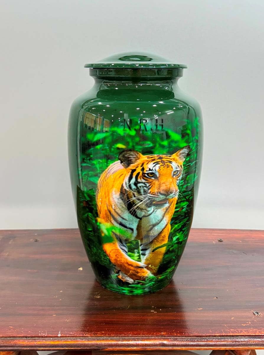 Nautical Replica Hub Green Tiger Urn with Lid, Decorative Wildlife Ashes Urn Jar, Jungle Theme Glossy Finish - Image 2