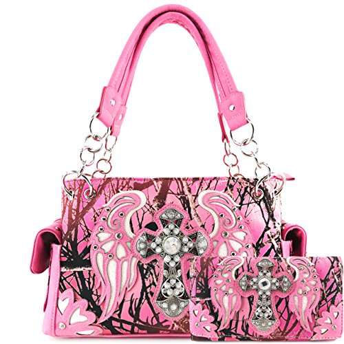 Justin West Camouflage Tree Branches Bling Rhinestone Cross Wings Handbag Purse Messenger Bags and Wallets