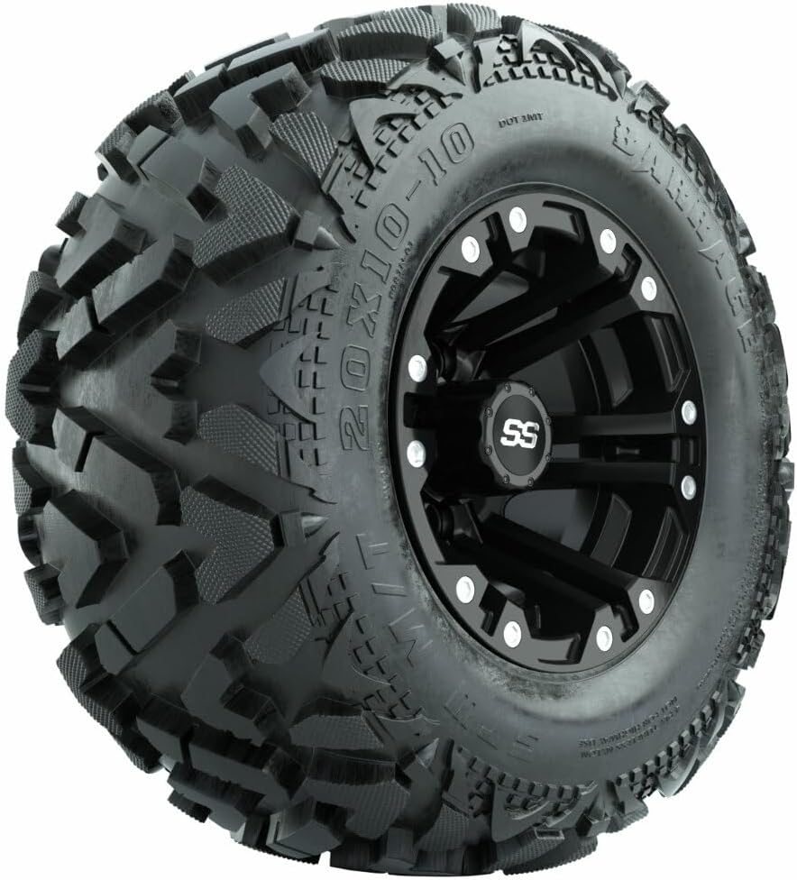 GTW 10 Inch Golf Cart Wheels and Tires Combo | Matte Black Specter Wheels on 20x10-10 Barrage Mud Tires | Set of 4