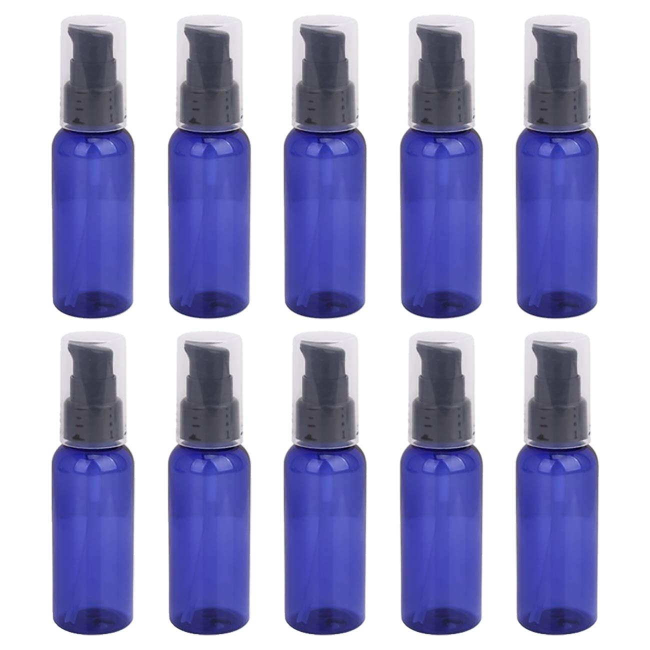 VIDELLY 10 Pieces Travel Pump Bottles for Toiletries 2oz Small Pump Bottles Clear Travel Bottle Plastic Empty Spray Bottle Dispenser With Black Cap For Lotion Cream Essential Oil,50ml Blue (Blue,