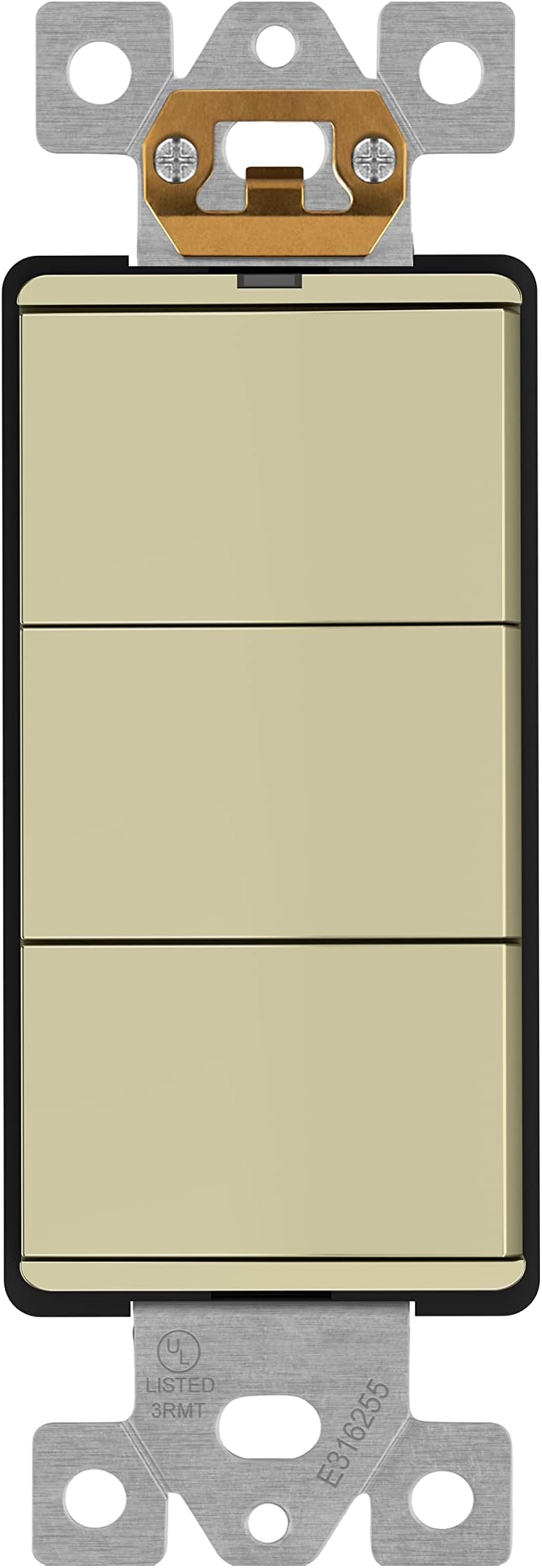 LIDERMinimalist Design Matte Finish Lighted Triple Switch, Combination Frameless Decorator Switch with Locator Light, Ground Terminal, Single Pole, 15A 120V, UL Listed, LCS3-1P-I, Ivory