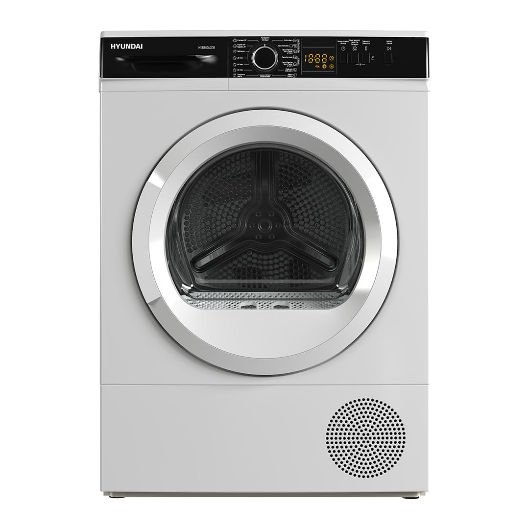 Hyundai Secadora Bomba Calor 8 Kg, Carga Frontal, Blanco, HSB800A2DB. 1000W, 15 Programas, Función Antiarrugas, Display LED manual, Eficiencia Energética Clase A++