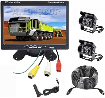 AHD 1080P Vehicle Backup Camera and 7 inch IPS Screen Monitor System, 2X Wired Car Rear View Mirror Camera 4 Pin with 15m20m Cable for RV Truck Camper Semi Box