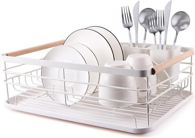 VINILITE Kitchen Compact Metal Dish Drainer with Removable Drip Tray Separate Cutlery Holder, Anti-Rust Draining Board Dish Drying Rack with Wooden Handles for Kitchen Countertop, White