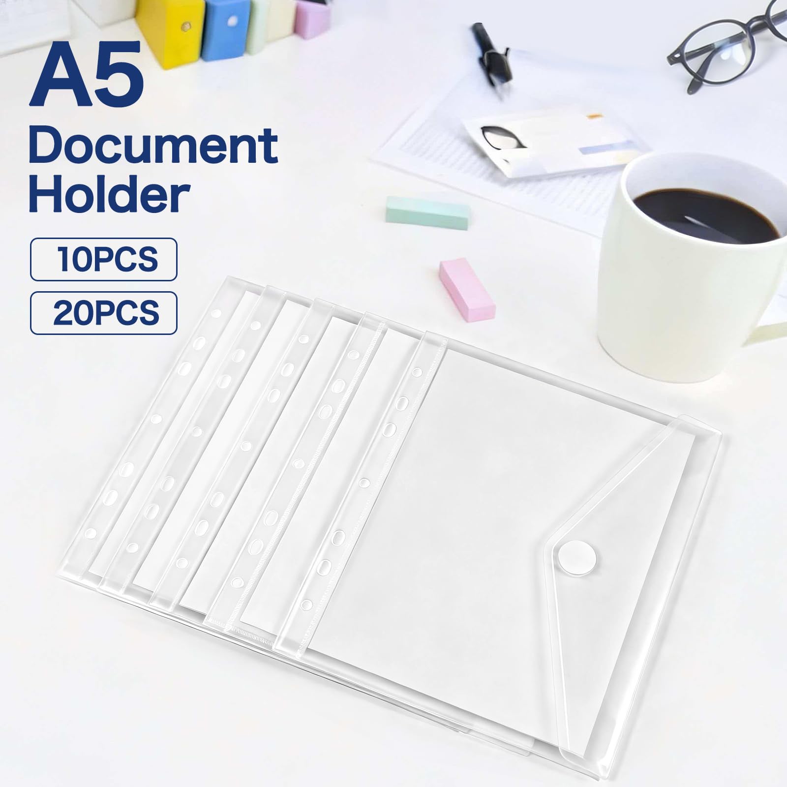 Dokumententasche A5, 10 Stück Wasserabweisend Dokumentenmappe zum Abheften mit 7 Loch und Klettverschluss, Transparente Ordnertasche für A5 Binder & Ringbuch