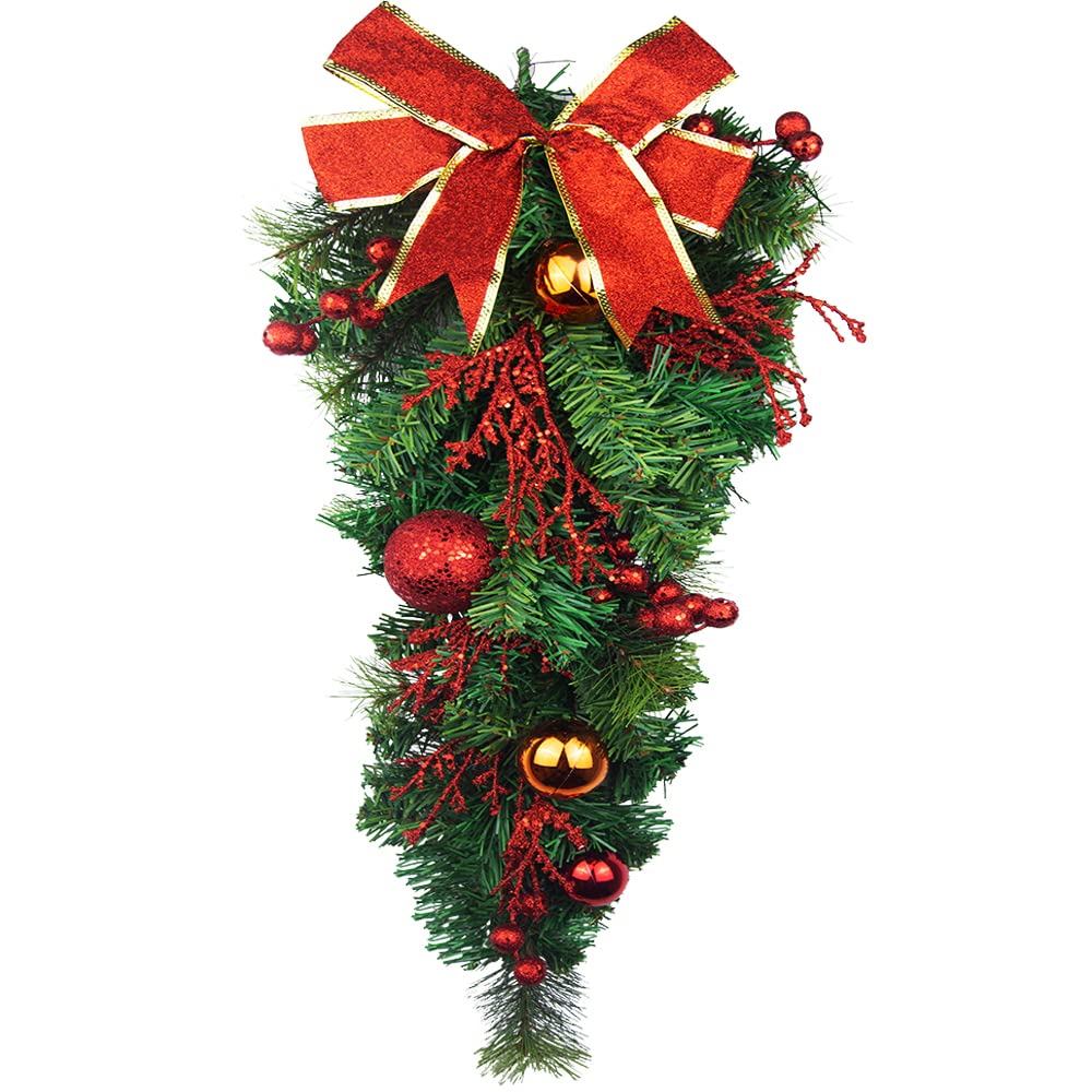JOJAZE Artificial Christmas Teardrop Swag with Pine Cones Ribbon Bow Hanging Pine Needle Artificial Teardrop Swag Christmas Swag for Indoor Outdoor Home Wall Door Hanging Decor