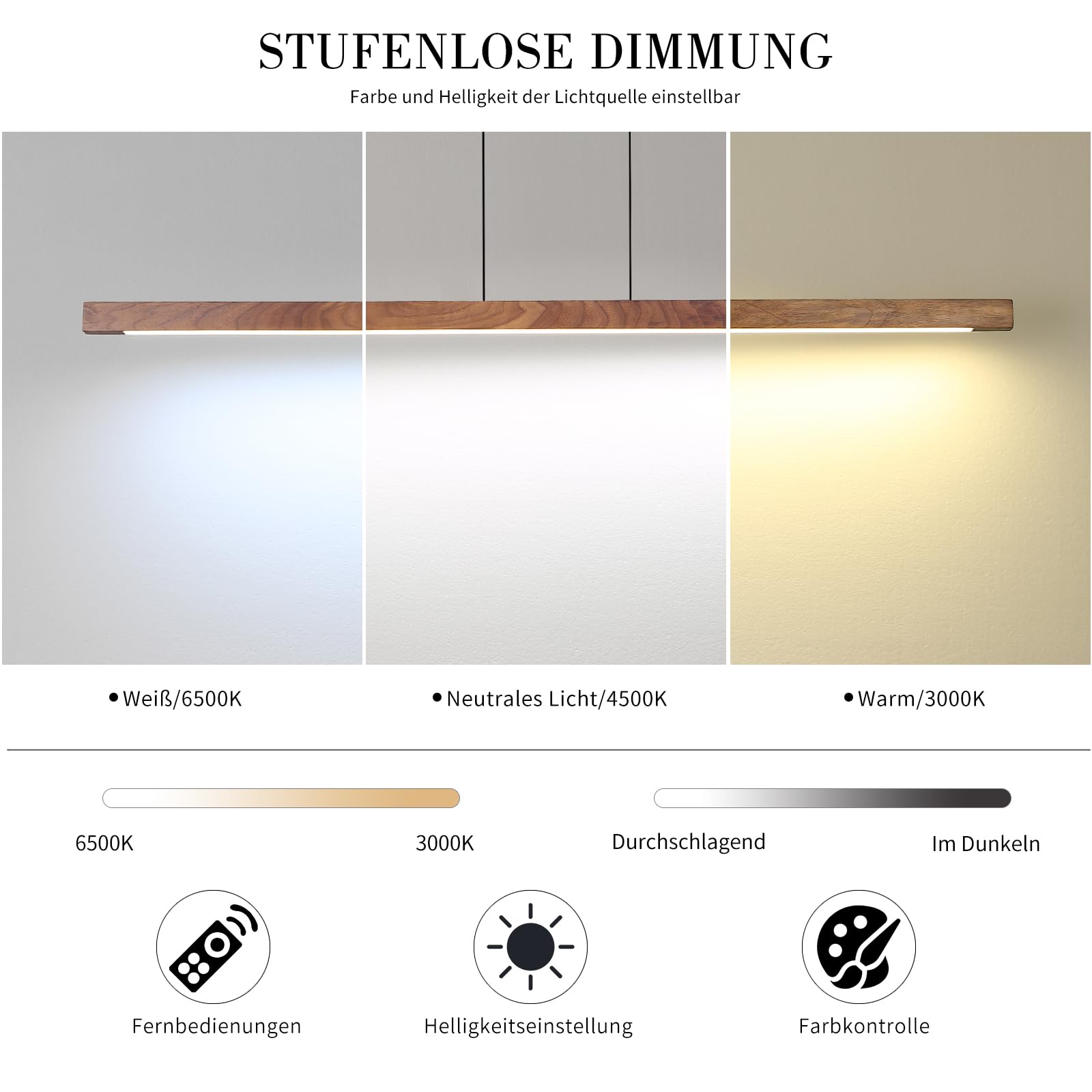 Mikeru 120 cm, lampada a sospensione a LED, tavolo da pranzo, 40 W, in noce, dimmerabile, con telecomando, 10%-100% lampada a sospensione regolazione della temperatura del colore, per cucina, sala da