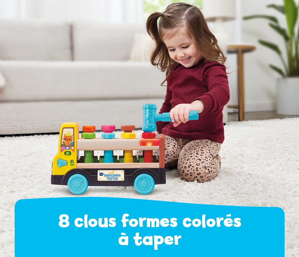 VTech – Lumi Camión Tap Tap, Camión Infantil Hablando y Musical Parcialmente de Madera, Juguete de Despertar y Motricidad Interactivo y Luminoso, Regalo para Bebé a Partir de 18 Meses – Contenido en | Camión de Juguete Interactivo en Parte de Madera, Jueg