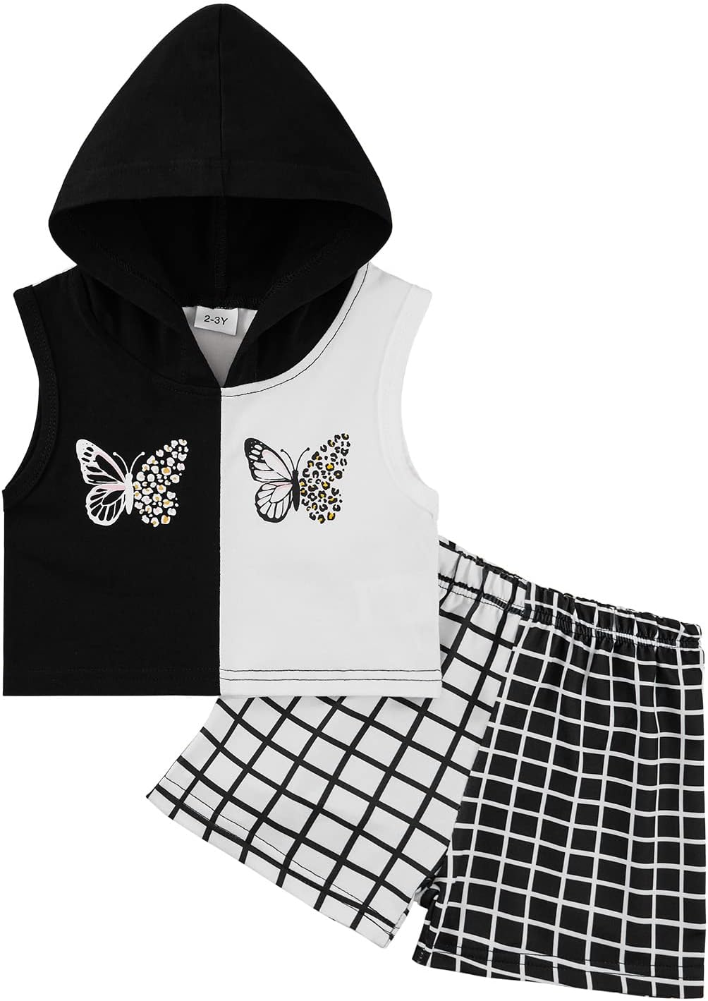 ESHOO Toddler Girls Sleeveless Butterfly Print Hooded Crop Top+Leopard Shorts Two Piece Set Summer Sweatsuits Casual Sports Suit