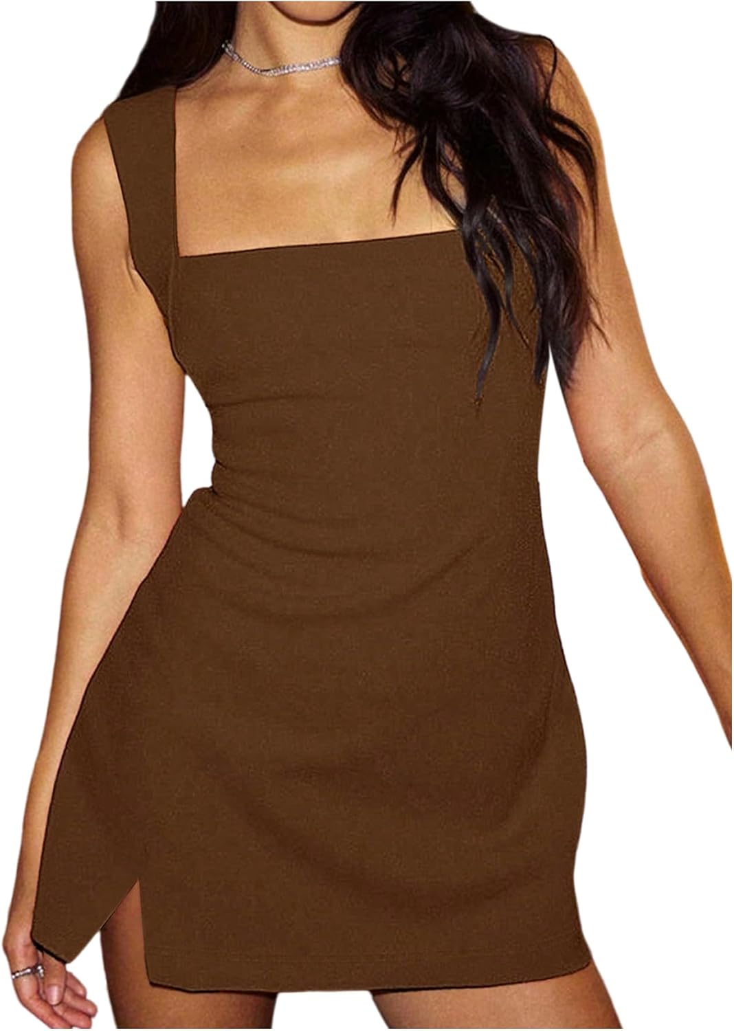 SOLY HUX Women's Summer Sleeveless Mini Dress Square Neck Split Hem Bodycon Party Club Dresses