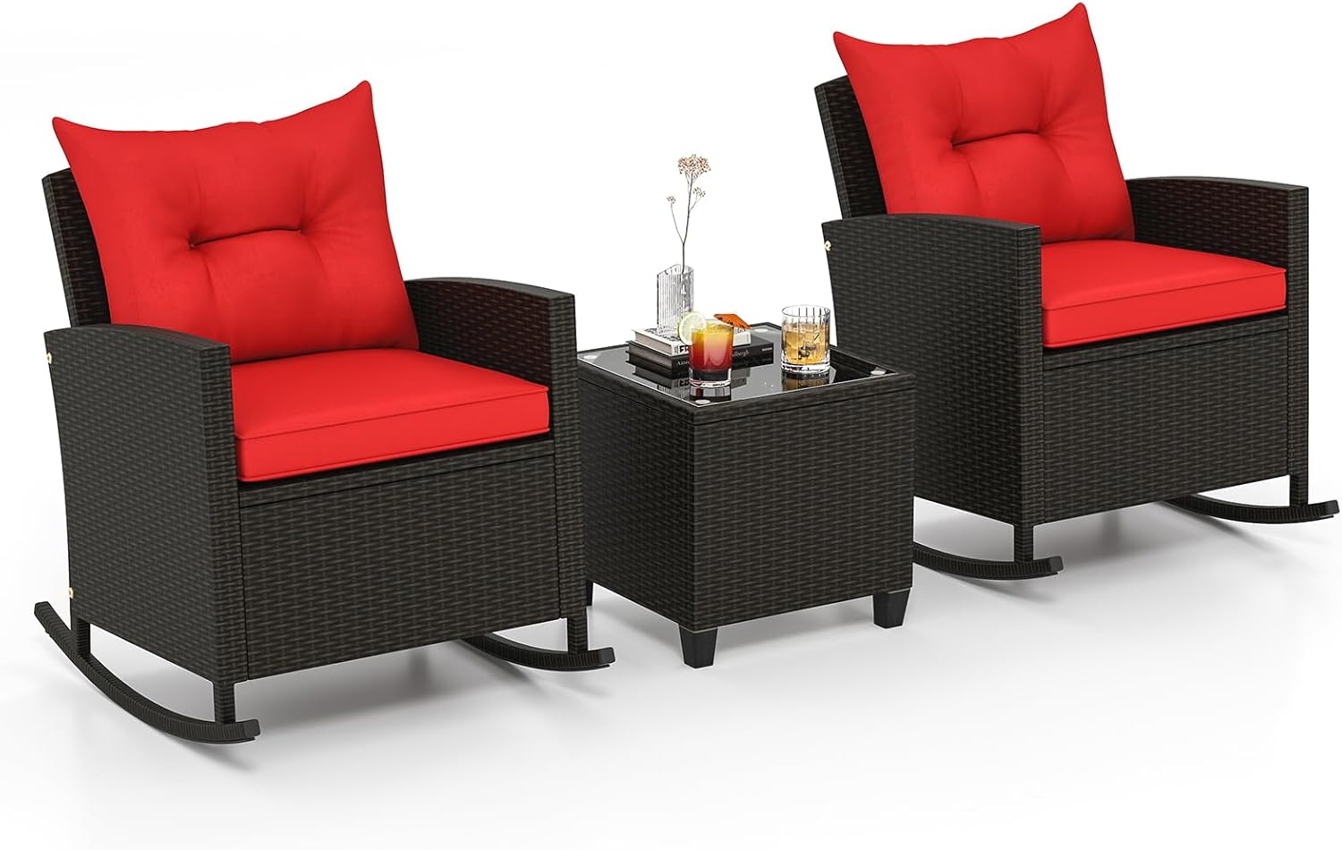 HAPPYGRILL 3 Pieces Patio Rattan Rocking Bistro Set, PE Wicker Rocking Chairs with Tempered Glass Table, Rocking Furniture Set with Cushion for Backyard, Poolside Porch (Mix Brown & Red)