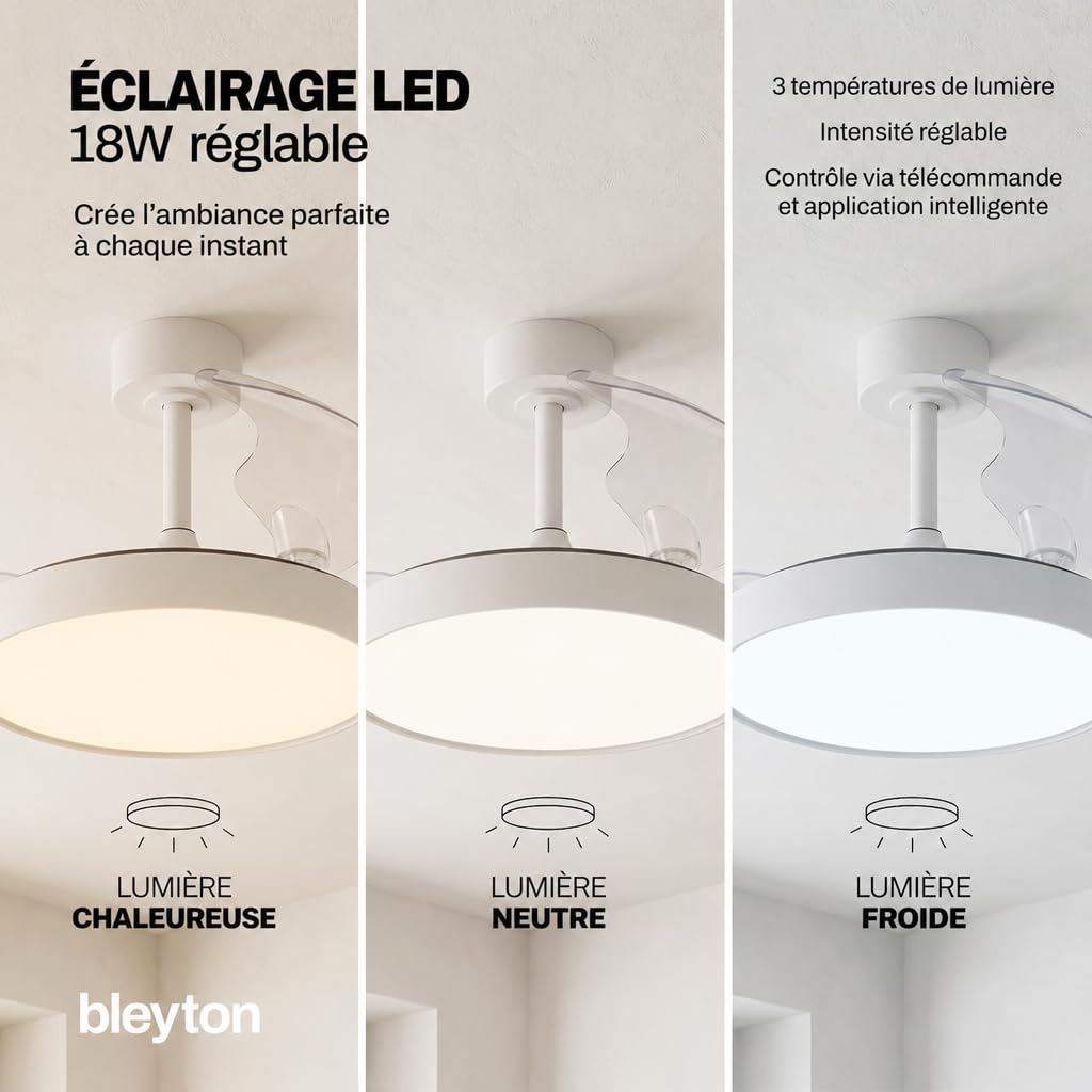 BLEYTON Ventilateur de plafond à pales rétractables moteur CC silencieux 36W 107 cm | Ventilateur NOVA avec commande par télécommande et WIFI, App et Voix | Couleur Blanc Lumière LED | 6 vitesses |