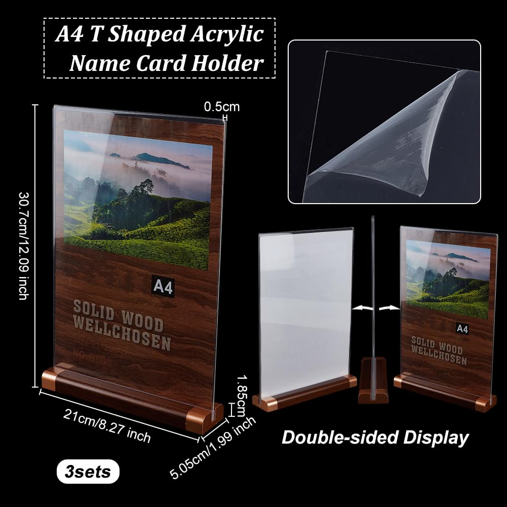 OLYCRAFT Paquete de 3 soportes acrílicos para letreros de 21,2 x 30,7 cm, soporte transparente de doble cara en forma de T, soporte de letrero de mesa con base de madera para el hogar, restaurantes