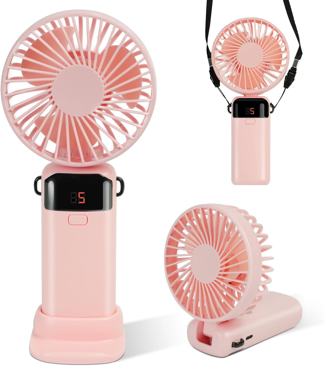 Ventilador de mano portátil con base, batería de 1200 mAh, pantalla LED, diseño 3 en 1 (portátilcuelloescritorio), base plegable de 90, 5