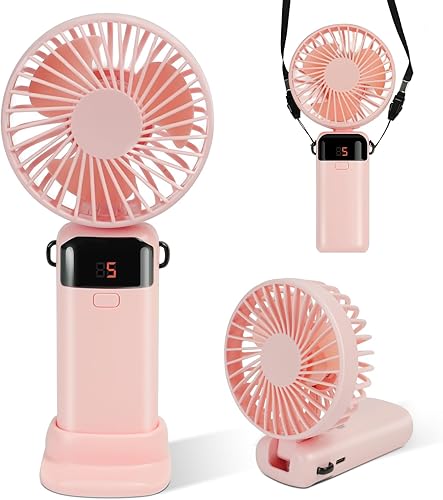 Ventilador de mano portátil con base, batería de 1200 mAh, pantalla LED, diseño 3 en 1 (portátilcuelloescritorio), base plegable de 90, 5
