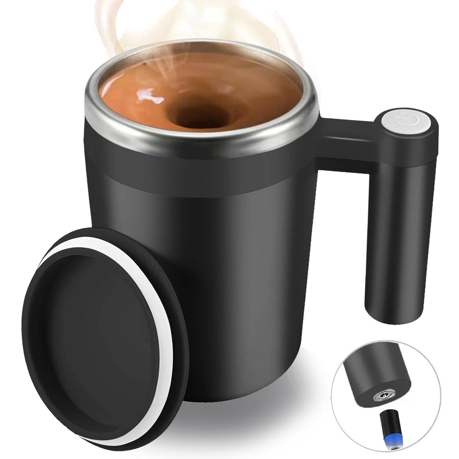 FCSWEET Self Stirring Mug Rechargeable Auto Magnetic Coffee Mug with 2Pc Stir Bar Waterproof Automatic Mixing Cup for