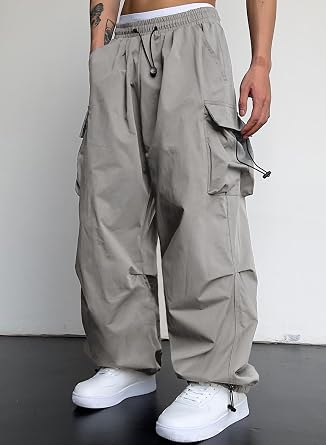 JMIERR Mens Loose Fit Drawstring Y2K Baggy Parachute Cargo Pants | Harem Joggers, Utility Flap, Deep Side Pockets, Elastic Waistband, Adjustable Hem, Streetwear, Casual Wear, Outdoor Hiking