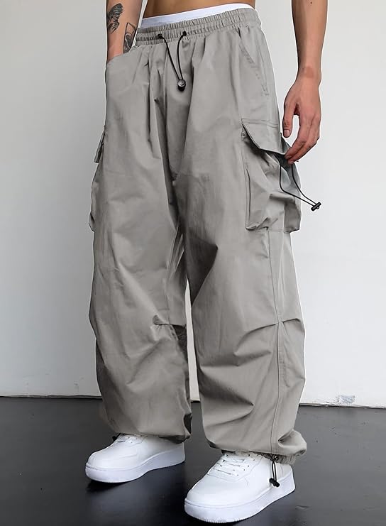 JMIERR Mens Loose Fit Drawstring Y2K Baggy Parachute Cargo Pants | Harem Joggers, Utility Flap, Deep Side Pockets, Elastic Waistband, Adjustable Hem, Streetwear, Casual Wear, Outdoor Hiking