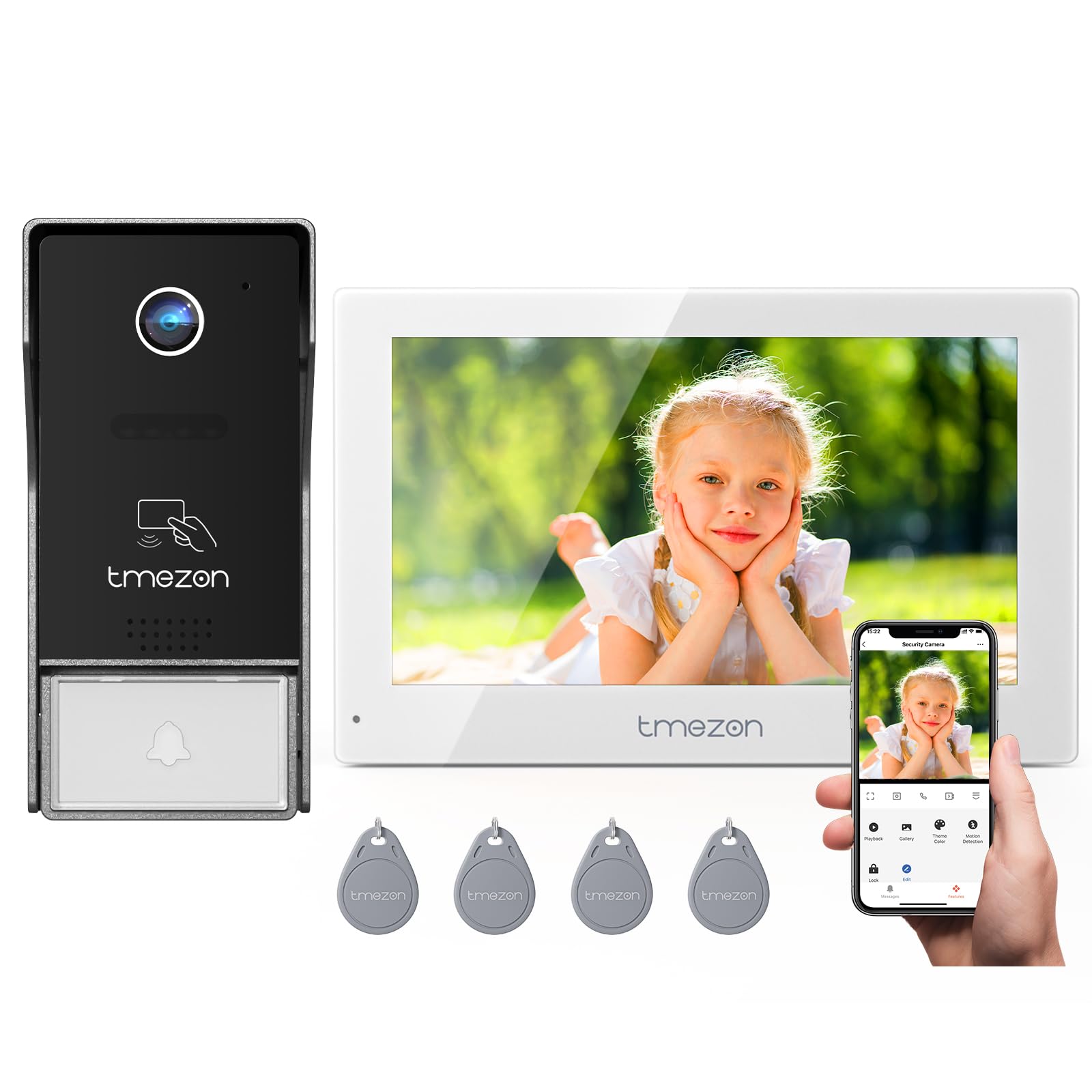 TMEZON Videoportero WiFi 2 Hilos, Video Portero Automático 1080P, 7"Pantalla Táctil a Color, Visión Nocturna, Apertura por APP y Tarjeta, Detección de Movimiento, Grabación y Reproducción,Impermeable