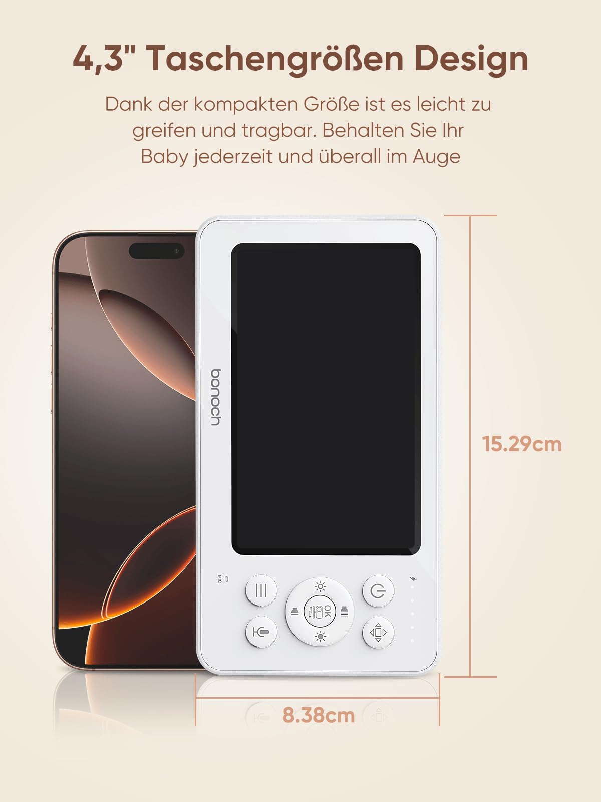 Bonoch - Babyphone (4,3 pulgadas, con cámara, 720p, batería 4000 mAh, sin Wi-Fi, visión nocturna, audio dúplex, modo VOX, sensor de temperatura, 8 canciones, zoom x2, x3, x4
