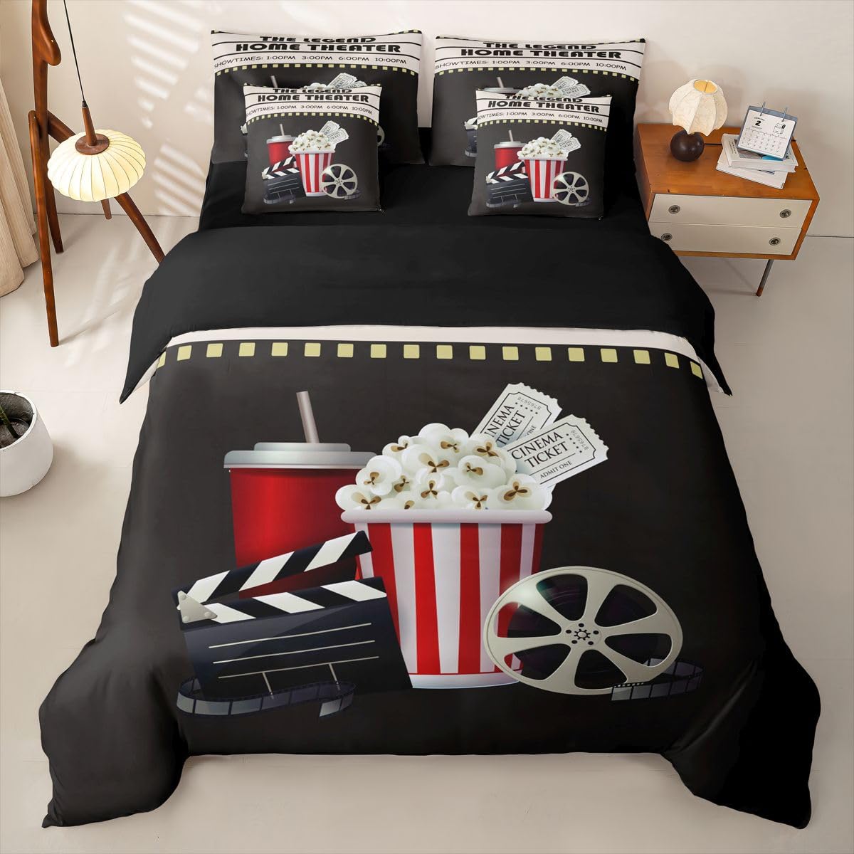 Loussiesd Set di biancheria da letto matrimoniale con lenzuola per bambini, ragazzi e ragazze, tema cinema, 7 pezzi, in morbida microfibra leggera