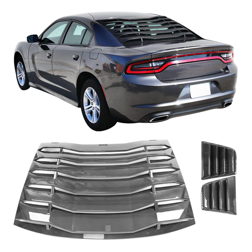 IKON MOTORSPORTS, Side Window Scoop Louver & Rear Cover Compatible with 2011-2023 Dodge Charger, Side Window Scoop Louver Cover Carbon Fiber Print - Polypropylene, 2012 2013 2014 2015 2016 2017
