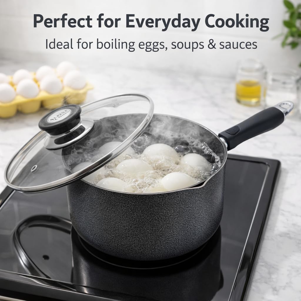Alpine Cuisine 3-Quart Gray Nonstick Saucepan with Glass Lid | Durable & Soft Touch Handle for Boiling Eggs & Sauces