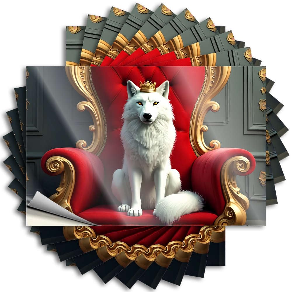 A Crowned White Wolf Sits Majestically On an Ornate Throne Sticker Funny Room Decor Self Adhesive | Happy Hard Vinyl Sticker Pack for Interior(6X9CM)