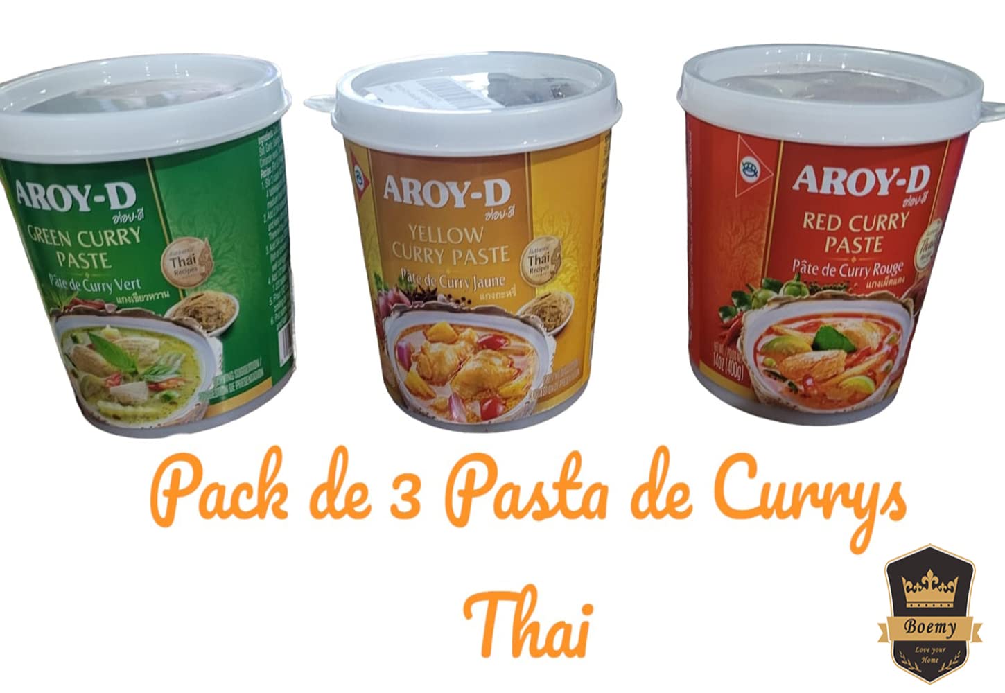 Set de Degustación de Pastas Thailandesas de Curry Rojo, Verde y Amarillo Aroy-D 400gr. C/u -Pastas de Curry - Sabor Thailandes