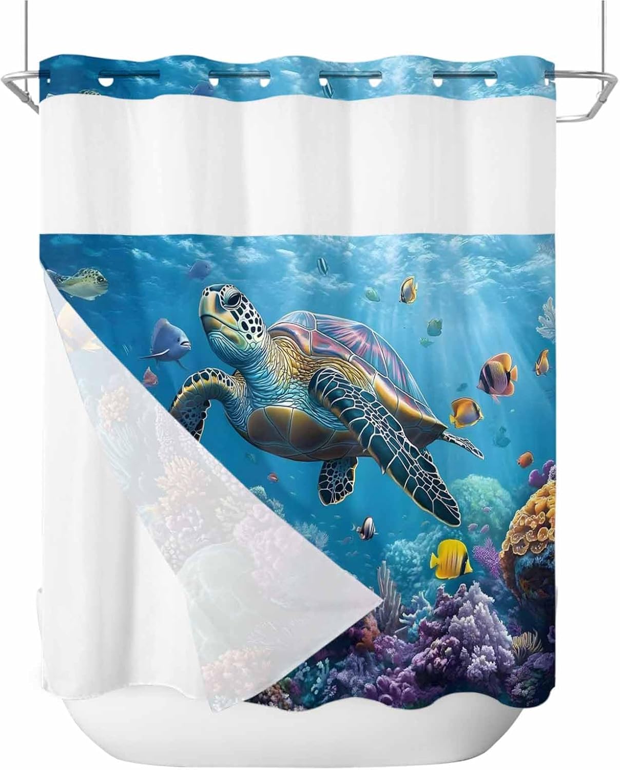 No Hook Shower Curtain and Snap in Liner Set, Coastal Blue Turtle Fabric Bathroom Shower Curtains 72x78 Inch, See Through Mesh Top Window, Tropical Ocean Animal Coral Fish Hotel Style, Waterproof