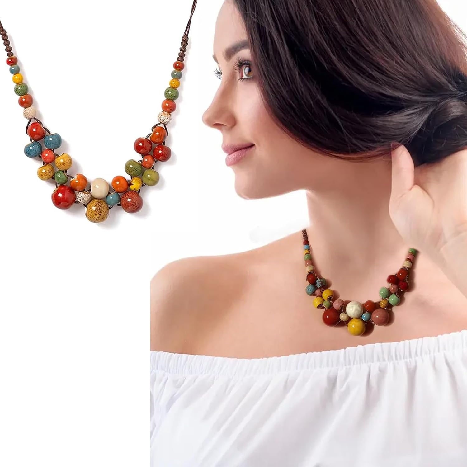 Boho Ceramic Beaded Necklace for Women,Colorful Round Bead Strand | Chunky Bohemian Y2K Hippie Necklace,Fashion Statement Jewelry for Women,Colorful Ceramic Beads Necklace for Daily,Party