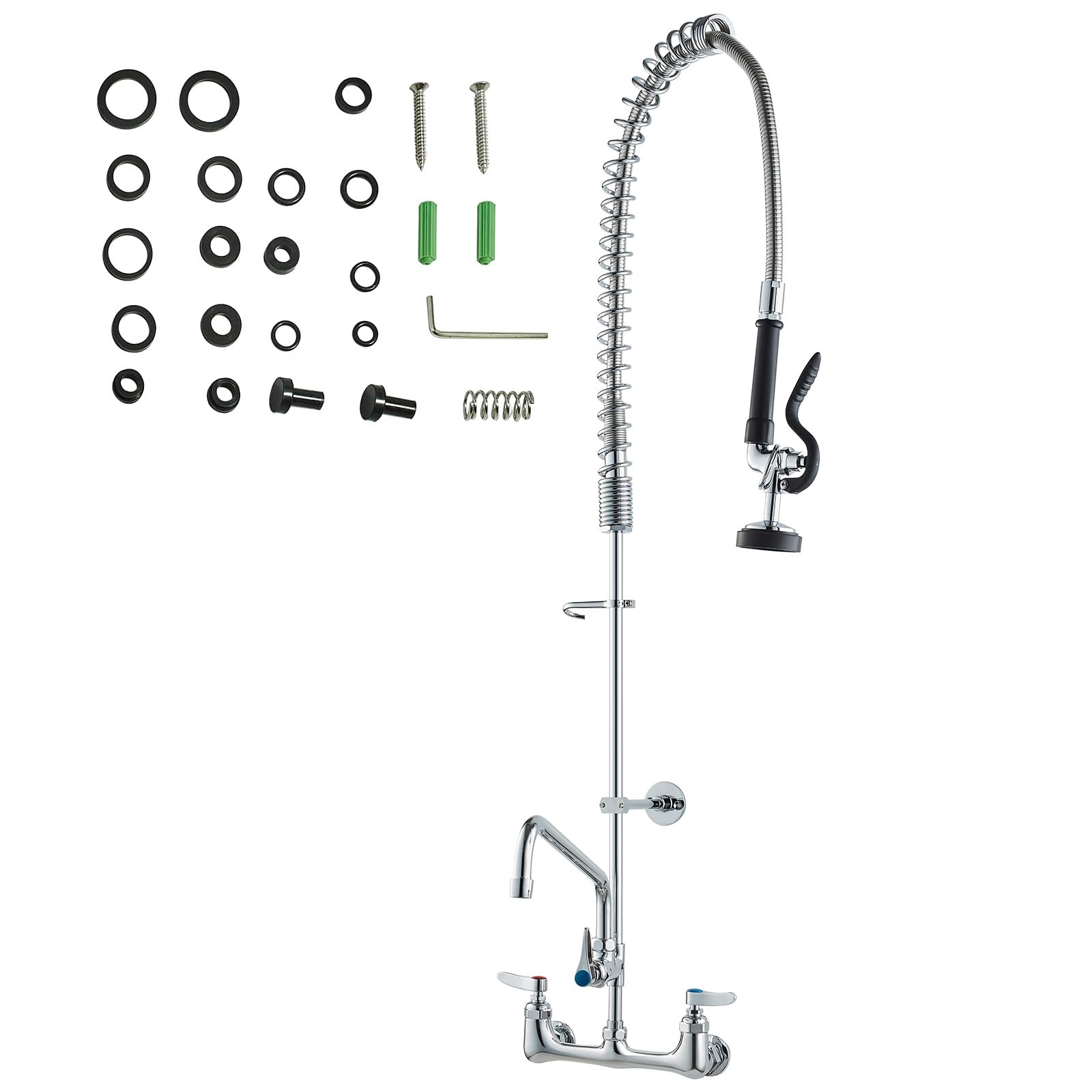 VEVOR Grifo Comercial con Rociador de Preenjuague, 111,76 cm de Altura, 20,32 cm de Centro, Caño Oscilante, Grifo para Fregadero de Cocina de Montaje en Pared, Dispositivo Construido en Latón
