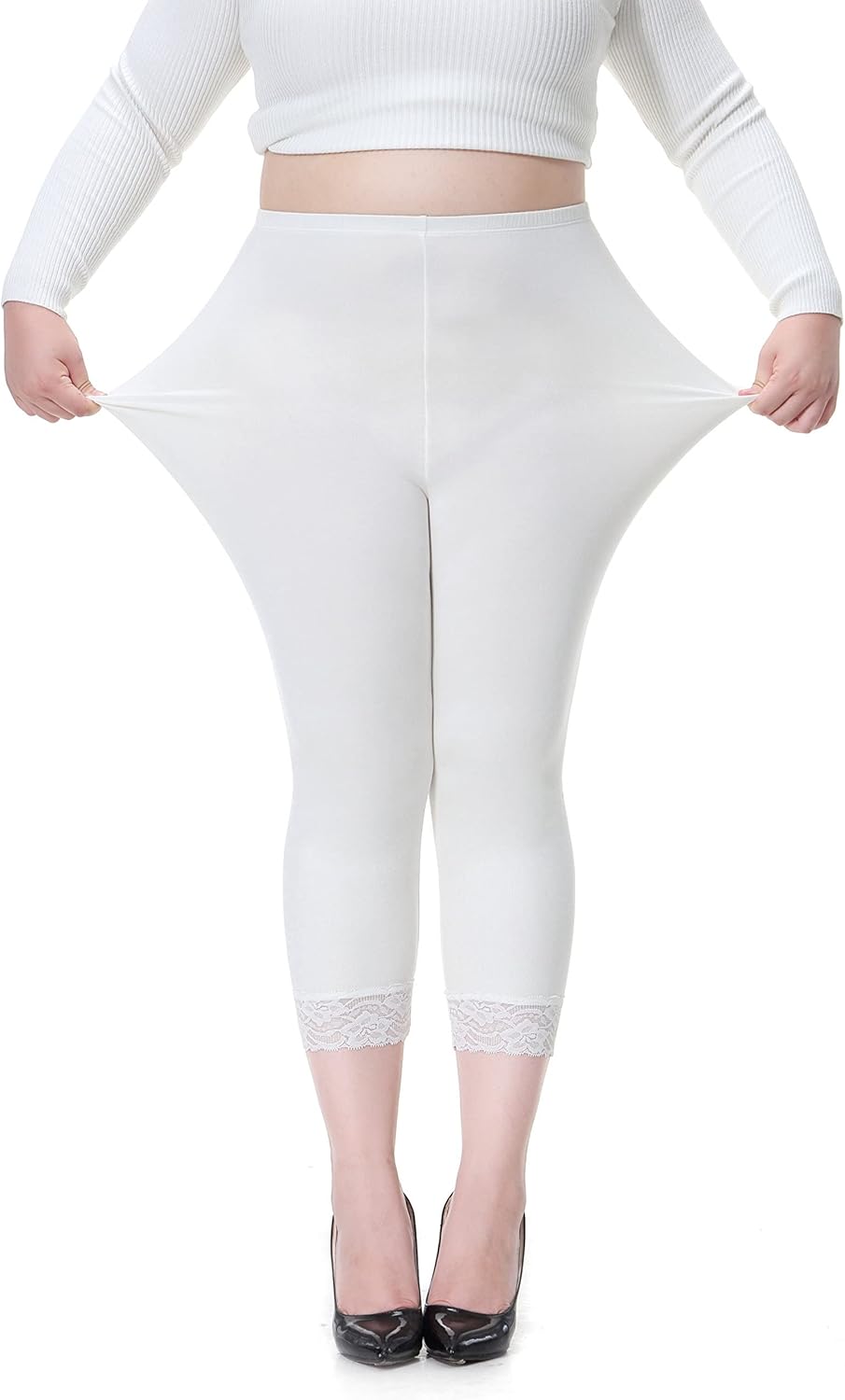 Plus Size Capris Leggings for Women,Lace Trim Stretch Crop Leggings Workout Casual Tights Pants - Image 5
