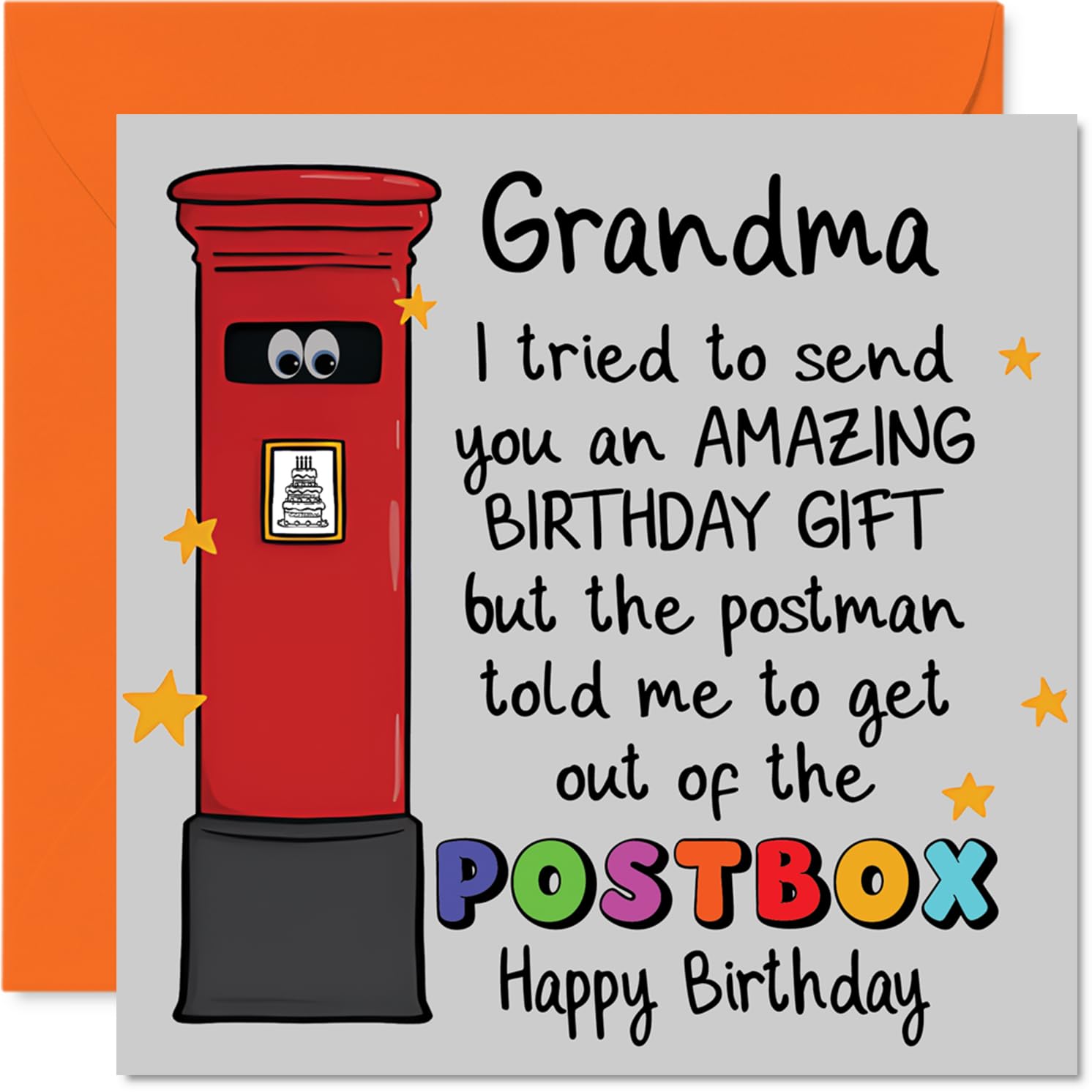 Funny Birthday Card for Grandma - Postbox Mix-up Giggles - Cartoon Postbox with Googly Eyes and Playful Stars - 145mm Square, Envelope Included