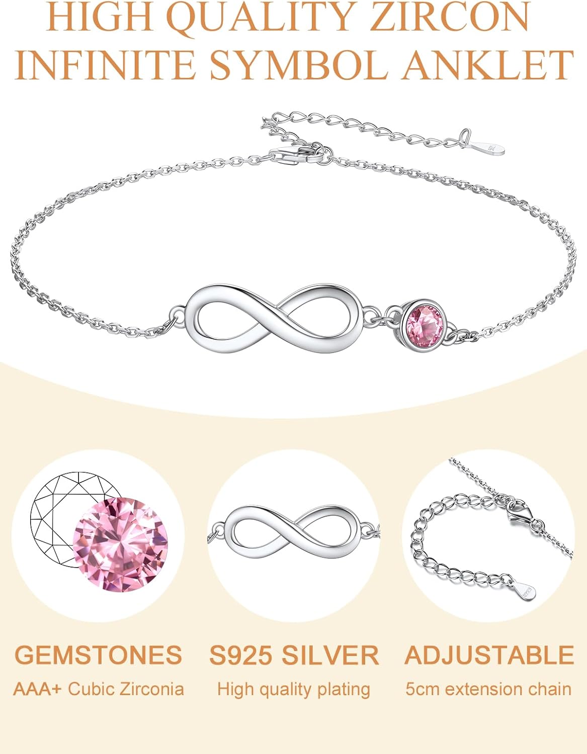 Custom4U Personalized Infinity Ankle Bracelets for Women 925 Sterling Silver Anklet Bracelet Endless Love Symbol Birthstone Charm Adjustable Foot Chain Jewelry Mothers Day Gifts for Mom Wife Women Her - Image 4