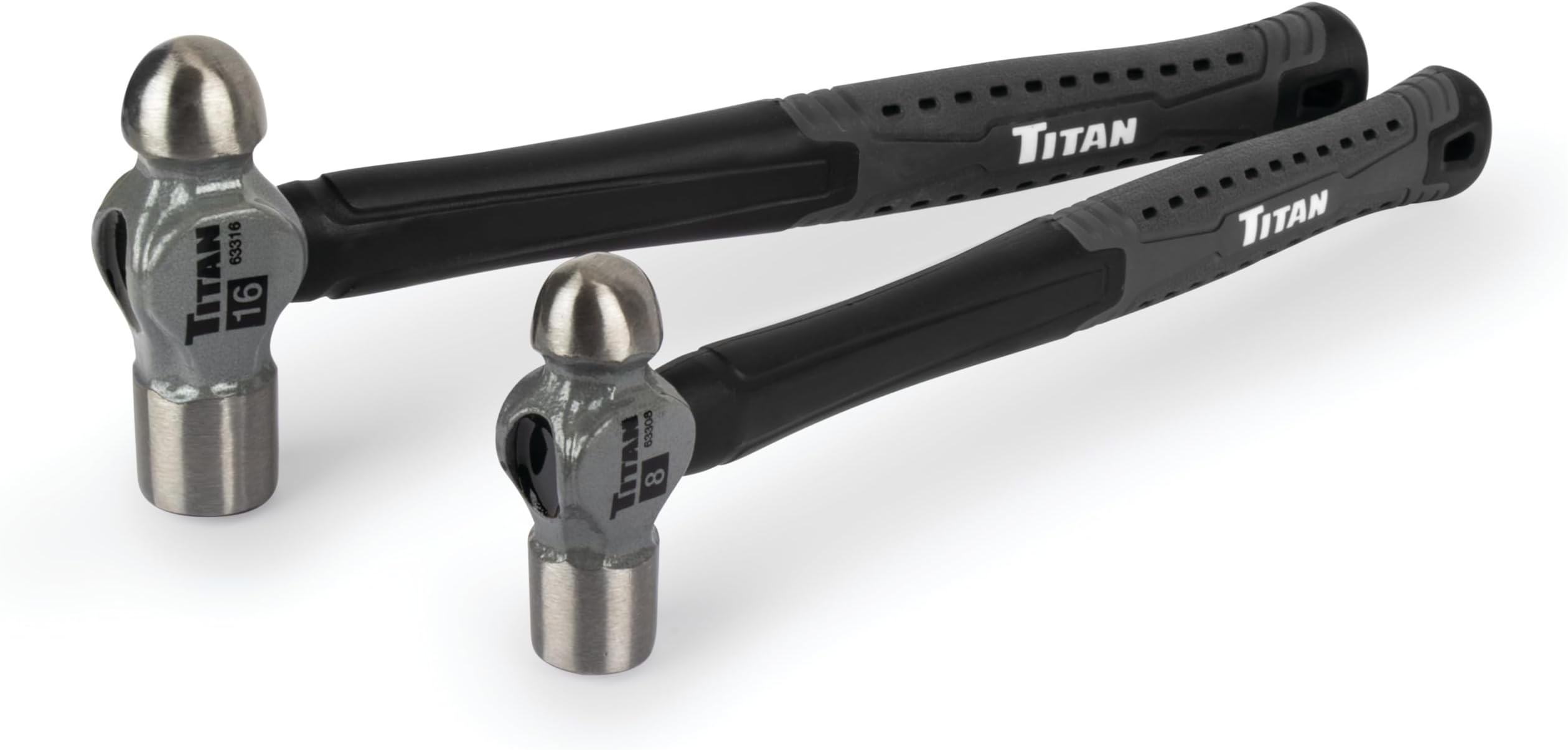 Titan 63302 2-Piece Ball Pein Hammer Set, Includes 8oz & 16oz Ball Peen, Forged Steel Heads, Shock Absorbing Fiberglass Handles & Textured Grips
