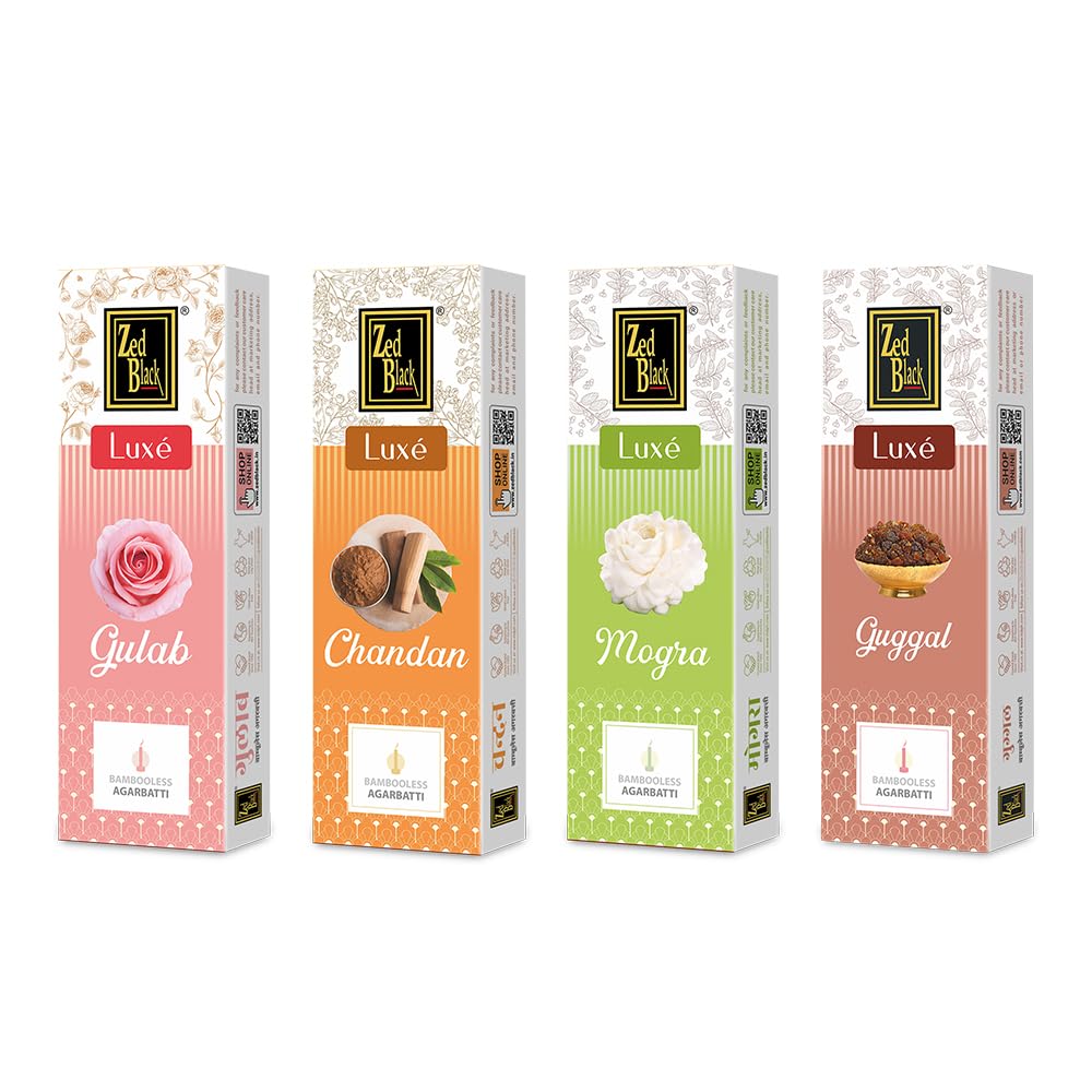 Zed Black Bamboo Less Incense Sticks – Luxe Series - Pack of 4 Incense Sticks, Good Vibes Pack (Approx 70 Agarbatti Sticks | 4 Fragrances -Chandan, Gulab, Guggal and Mogra) (377 GM)