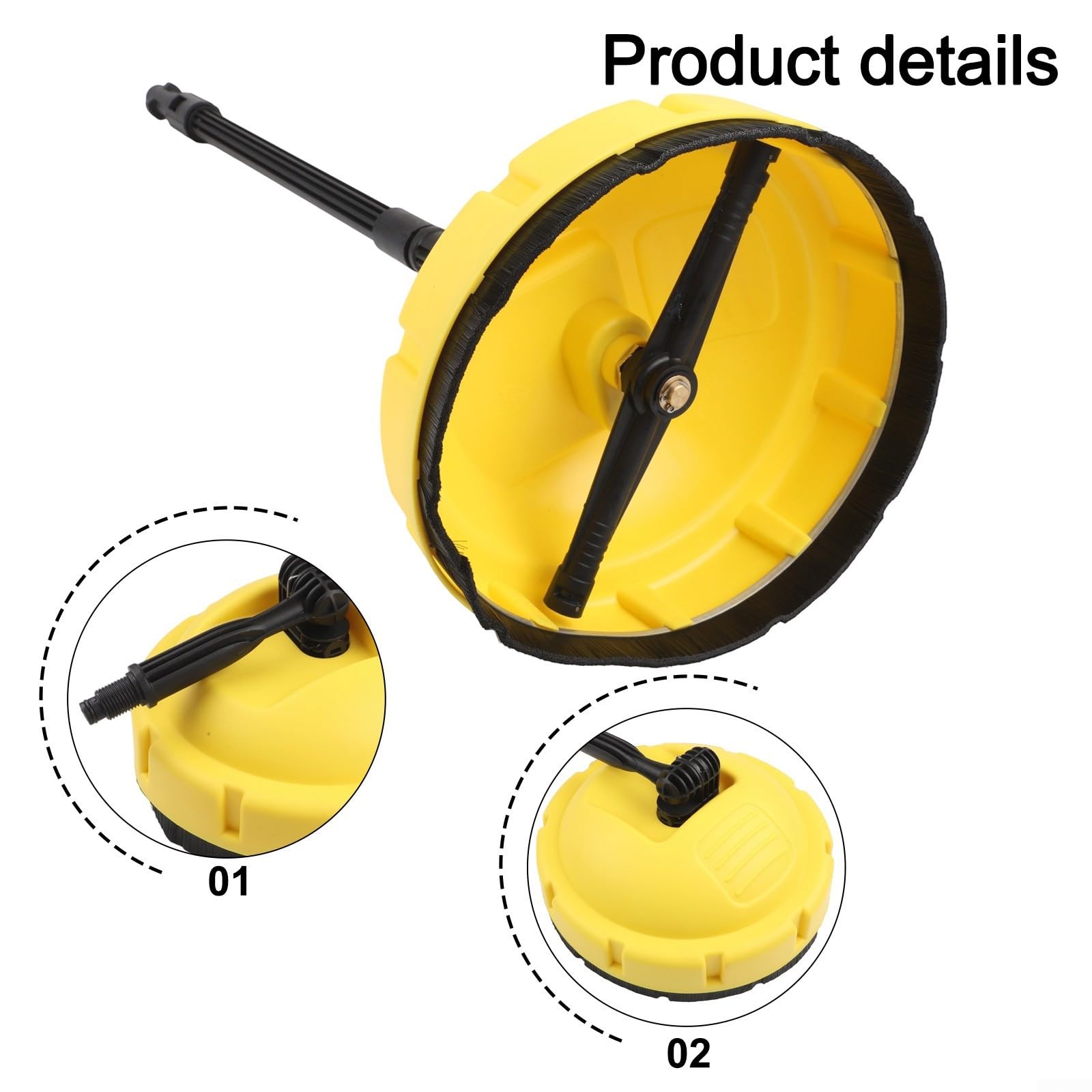 Niceminiwall Brosse rotative pour nettoyeur haute pression - Buse haute pression avec poignée ergonomique, brosse de nettoyage de sol en ABS pour patio, terrasse et allée, jaune/noir