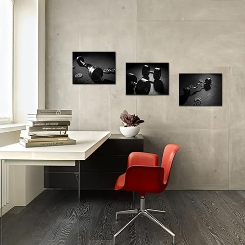 Miniatura 3 de Biuteawal 3 piezas de arte de pared blanco y negro con mancuernas modulares, pintura de levantamiento de pesas, póster de entrenamiento de