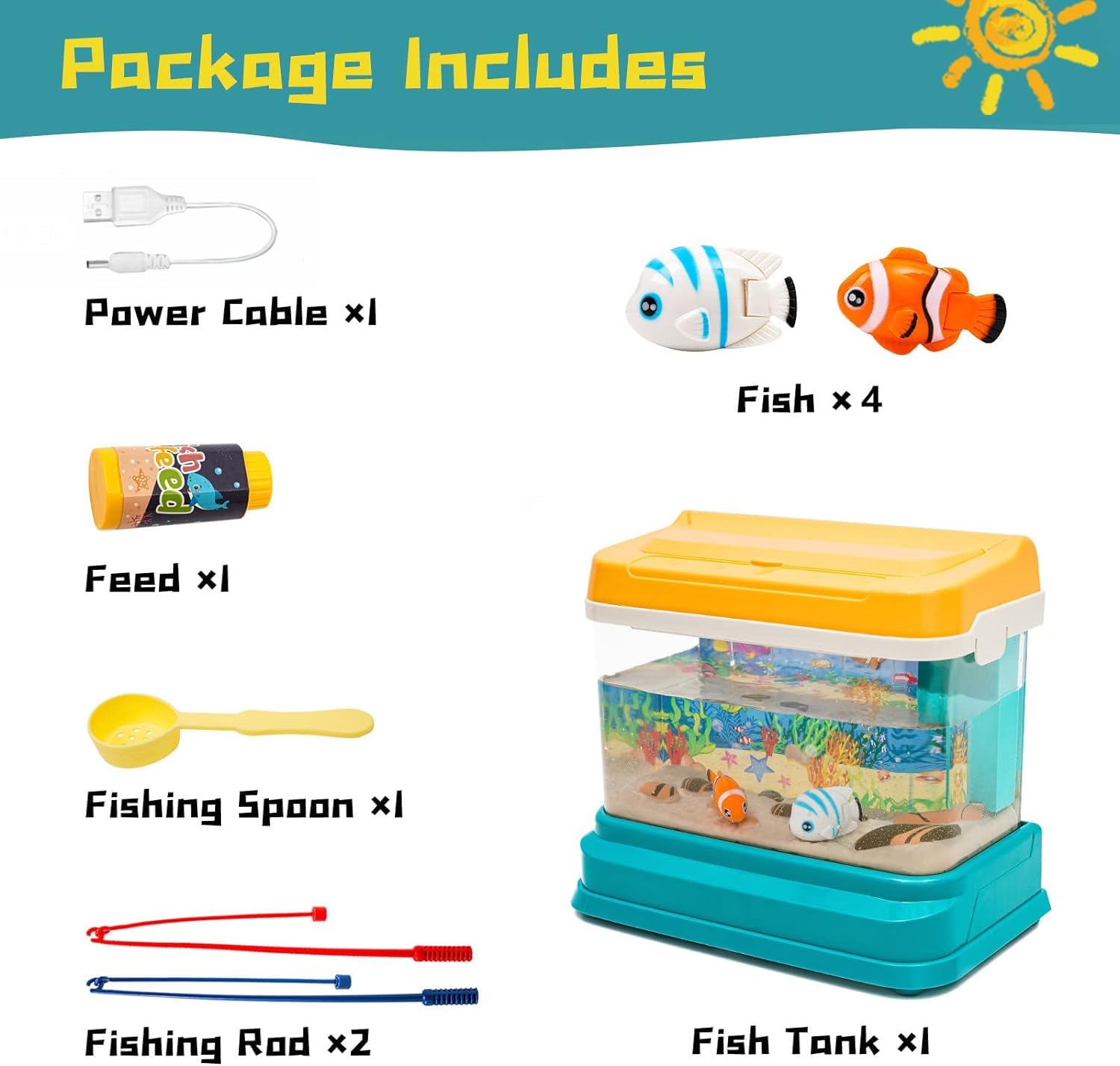 Acquario Bambini Acquario Finto con Pesci*4 in Movimento,Acquario Giocattolo per Bambini con Luce e Musica USB,Canna da Pesca,Rete da Pesca,Animali Giocattolo,Regalo per Bambini Ragazzi Ragazze